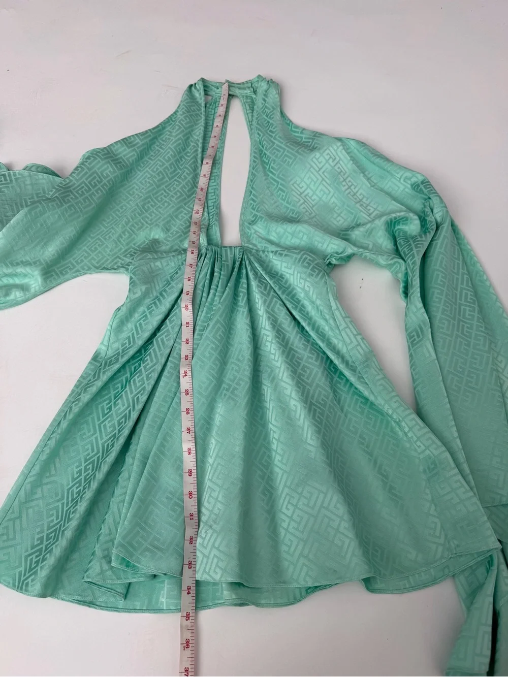 BALMAIN MONOGRAM CAPE-SLEEVE COLD-SHOULDER MINI KAFTAN DRESS SZ 34